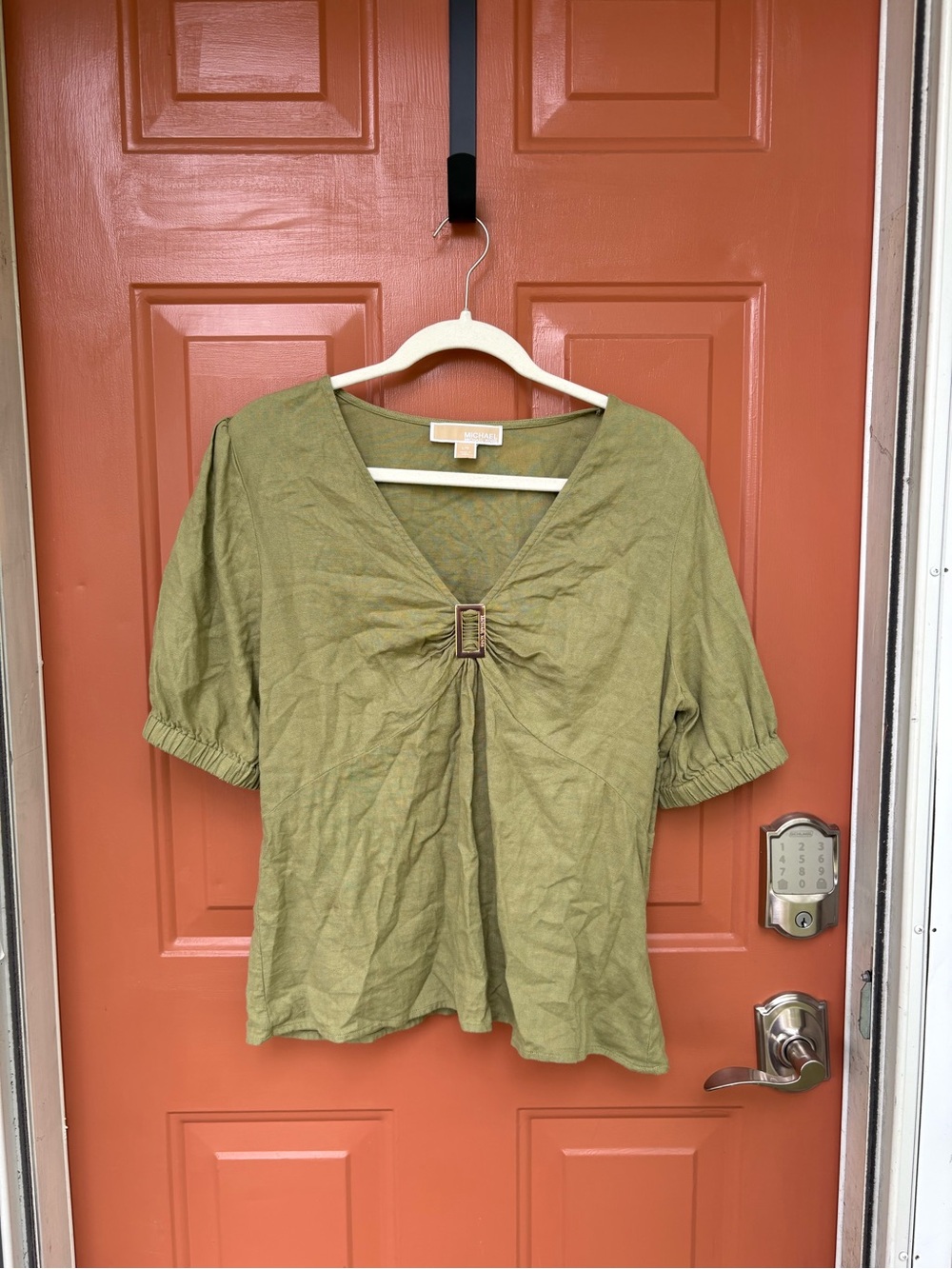 Michael Kor's Women’s Olive Green V-Neck Short Sleeve Top with Buckle Detail